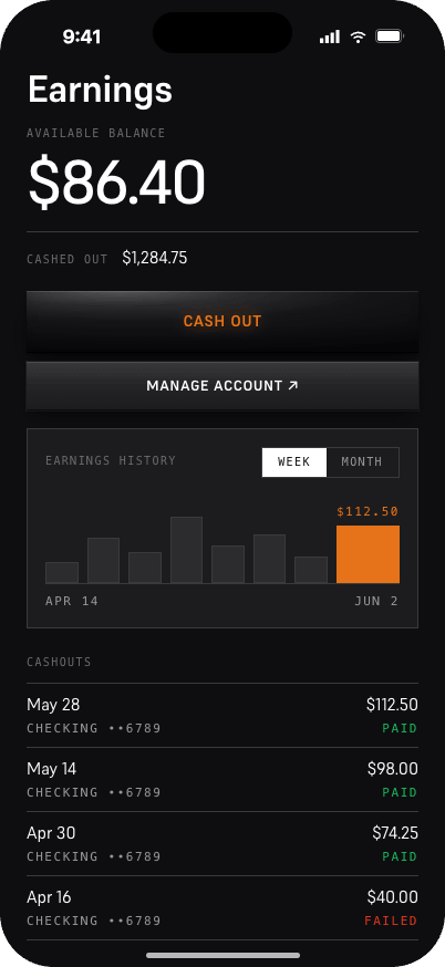 Huint app earnings screen showing completed Task payouts